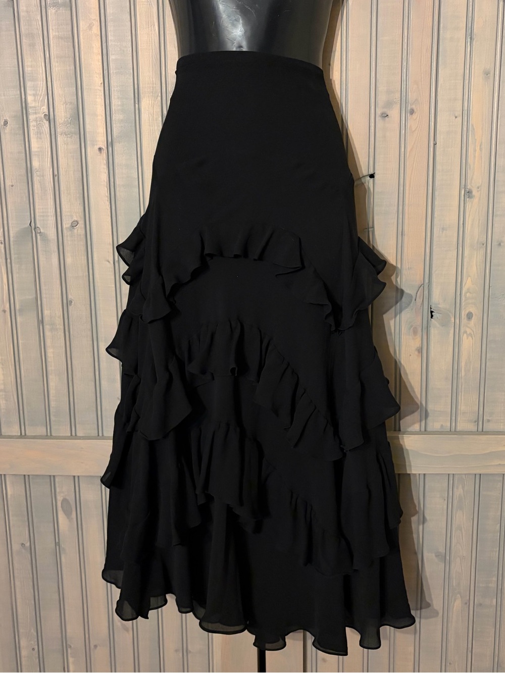 Black Silk Ruffle Tiered Maxi Skirt